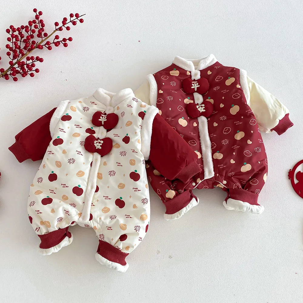 

Baby Christmas Romper Long Sleeve Velvet Warm Winter Infant Clothing Chinese Style New Year Unisex Baby Jumpsuit For Boy Girl