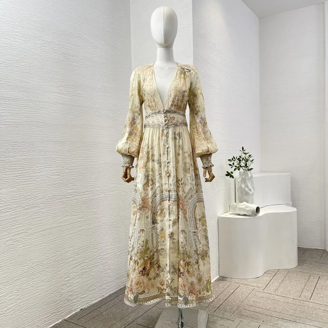 Women High Quality Beige Floral Print Long Sleeve Lace Patchwork Deep V Neck Diamonds Midi Dress 2024 Stretchable Waist At Back