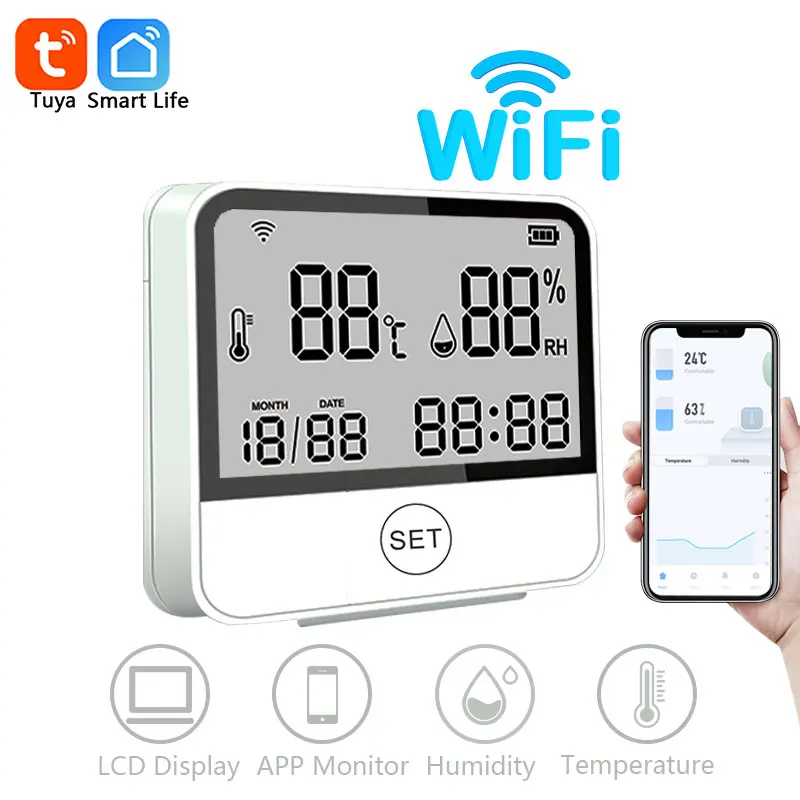 Smart Tuya WIFI Temperature Humidity Sensor Hygrometer Indoor Thermometer Detector LED Screen Display Works with Alexa Google