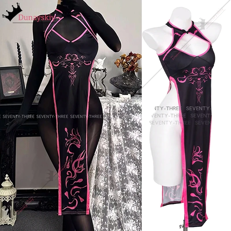 女性のためのレトロでセクシーな悪魔のチャイナドレス,ハイフォーク,ピンクのトーテム,コスチューム,クリスマス,ハロウィーン,2025