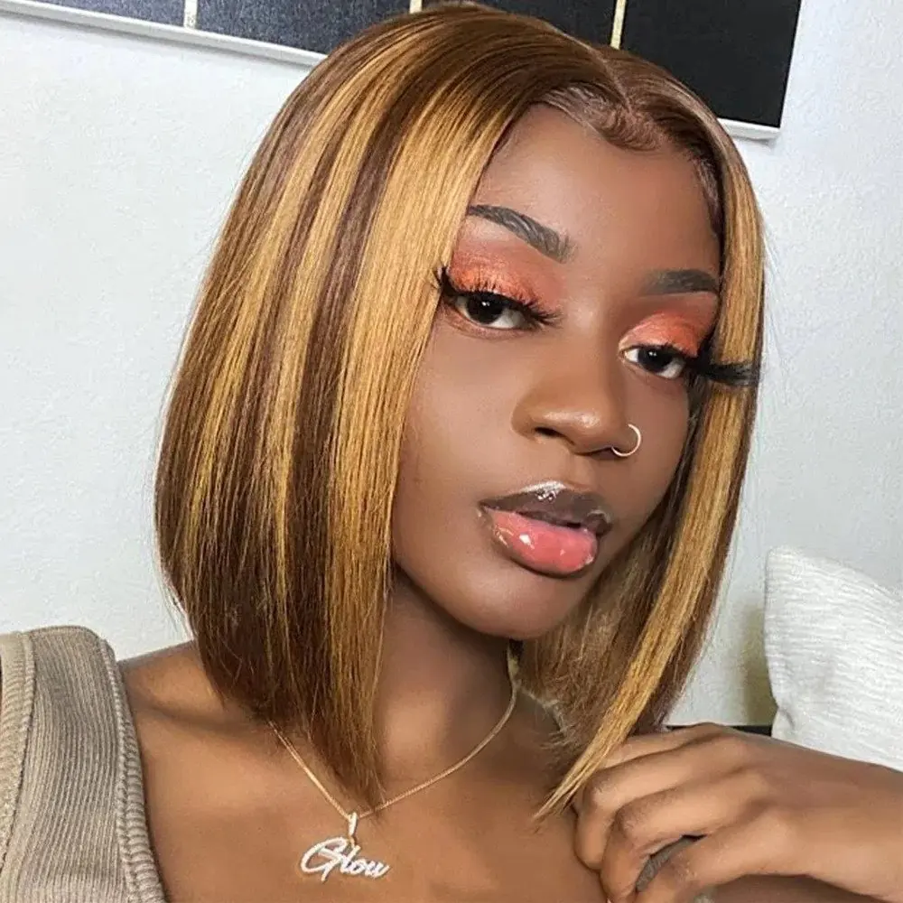 Perruque Bob Lace Front Wig naturelle brésilienne, cheveux courts lisses, blond miel, 14 amaran, 13x4, balayage transparent, pour femmes africaines