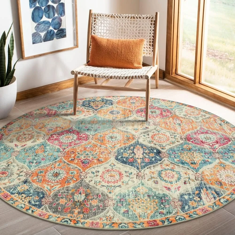 

Soft Round Rugs 6ft Ultra-Thin Non-Slip, Vintage Large Circle Carpet for Bedroom Living Room Kitchen Nursery, Cream/Multi, Rug