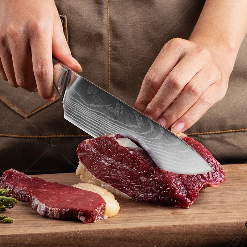 Kitchen Chef Knife Stainless Filleting Knives Santoku Meat Cleaver Knife with Laser Damascus Pattern Household Cooking Tools