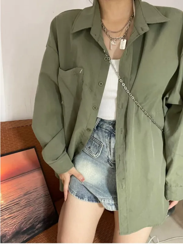 Military green long sleeved shirt for street women bf style loose and slimming workwear jacket thin 2024 autumn new top C56J