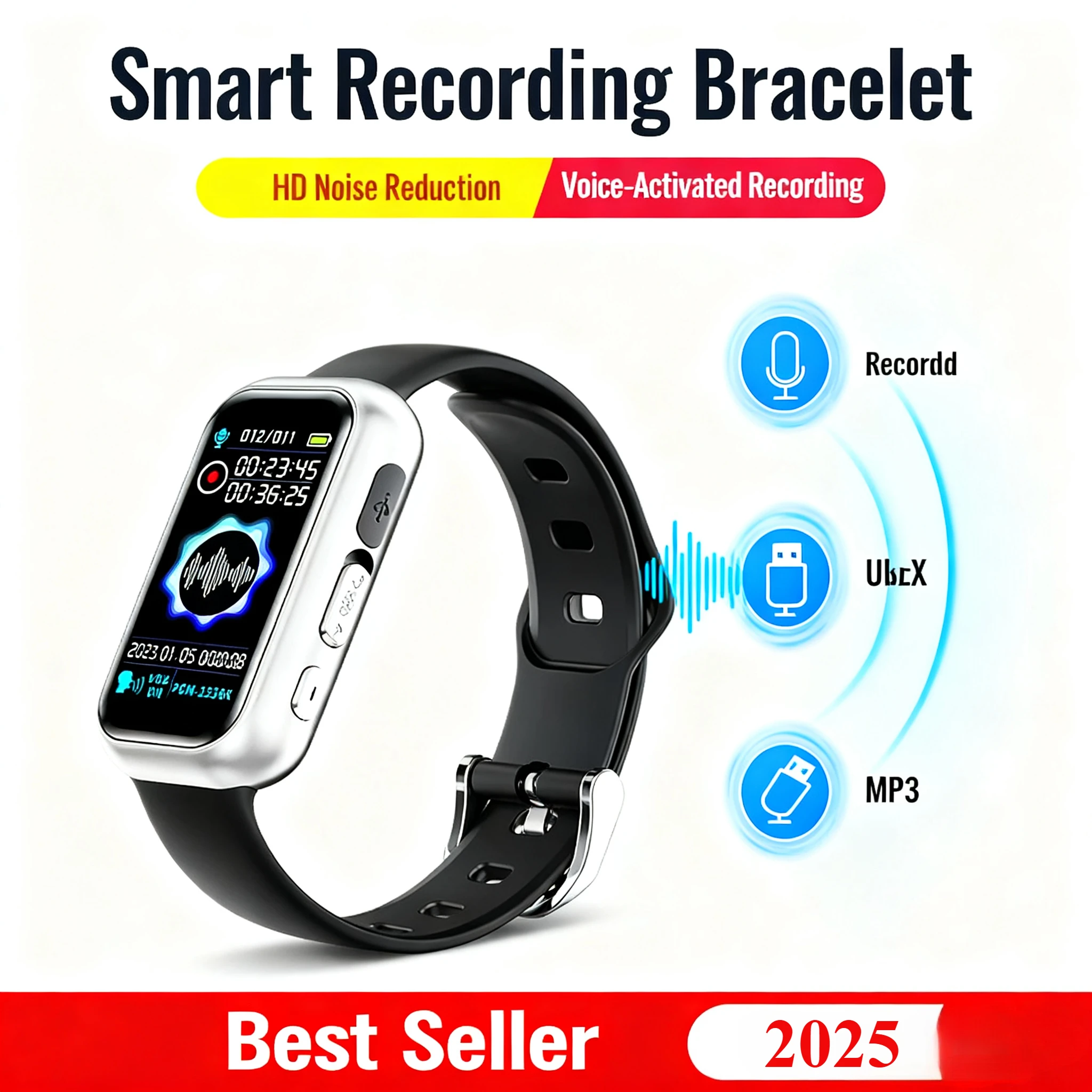 ساعة معصم مسجل صوت رقمي ذكي عالي الجودة احترافي لتقليل الضوضاء وتسجيل Timestamp تشغيل الموسيقى ومشغل Mp3
