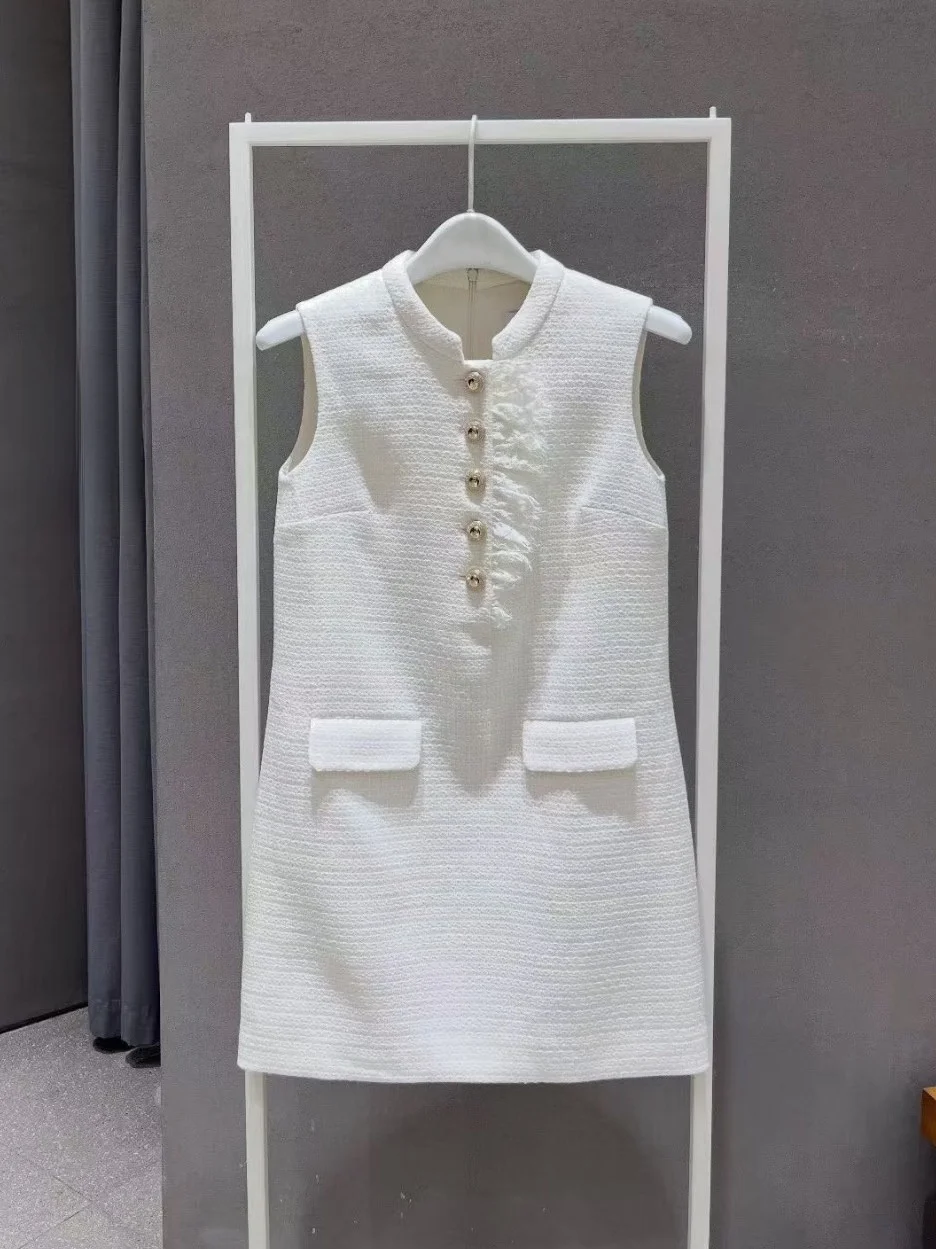 

Heidd Sp2026 Новое весеннее твидовое платье без рукавов с кружевной отделкой и пэчворком, белое, в деловом стиле, фасон H, из мягкого полиэфирного волокна