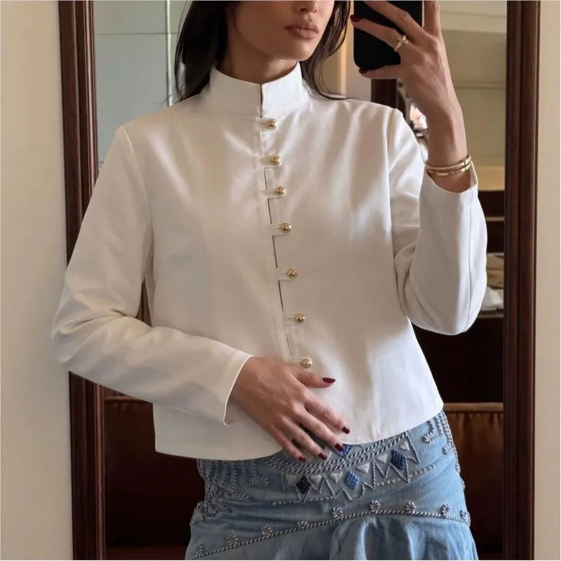 Spring Fall Commuter White Short Suit Jacket Women's Stand Collar Single-breasted Full Sleeve Buttons Coat   Women Outwear New
