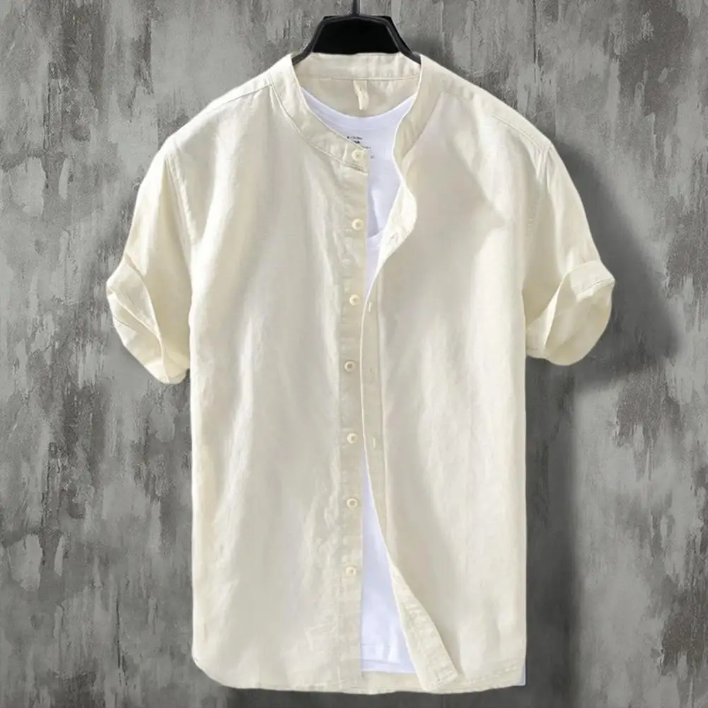 Camisa de manga corta para hombre, camisa transpirable de Color sólido con cuello levantado, botones que combinan con todo, para uso diario en verano