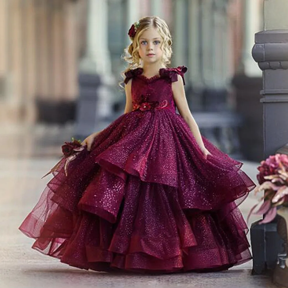 

Burgundy Flower Girl Dress For Wedding Wine Red Tulle Puffy Applique Sparkle Belt Birthday Party First Communion Ball Gowns