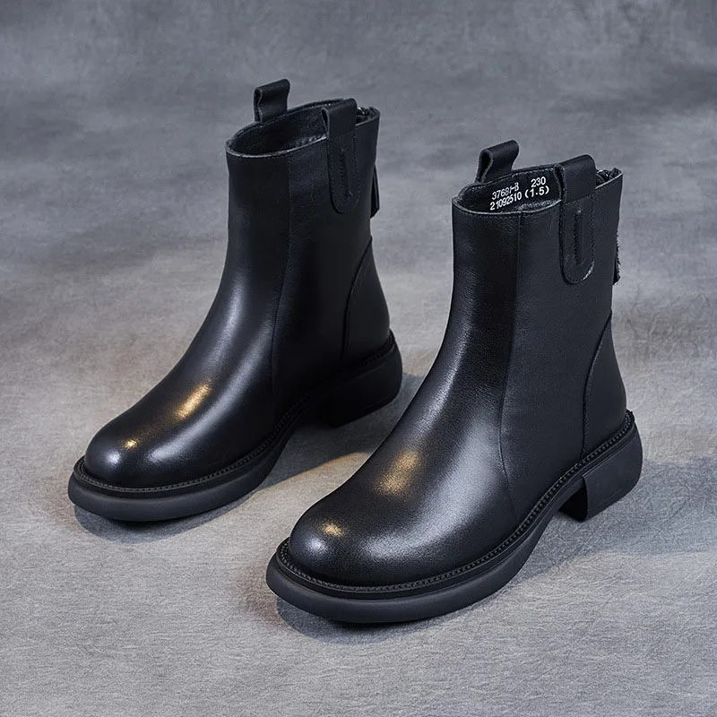 DRKANOL Autumn Winter Warm Mid Calf Boots Women Genuine Cow Leather Thick Heel Casual Chelsea Boots Back Zipper Chimney Boots