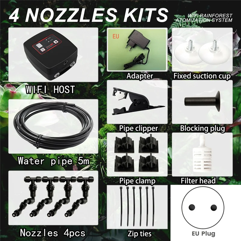 BYBS-Tuya Wifi Rainforest Tank Atomization Set Rainforest Spray System Humidification System With 4 Spary Heads EU Plug