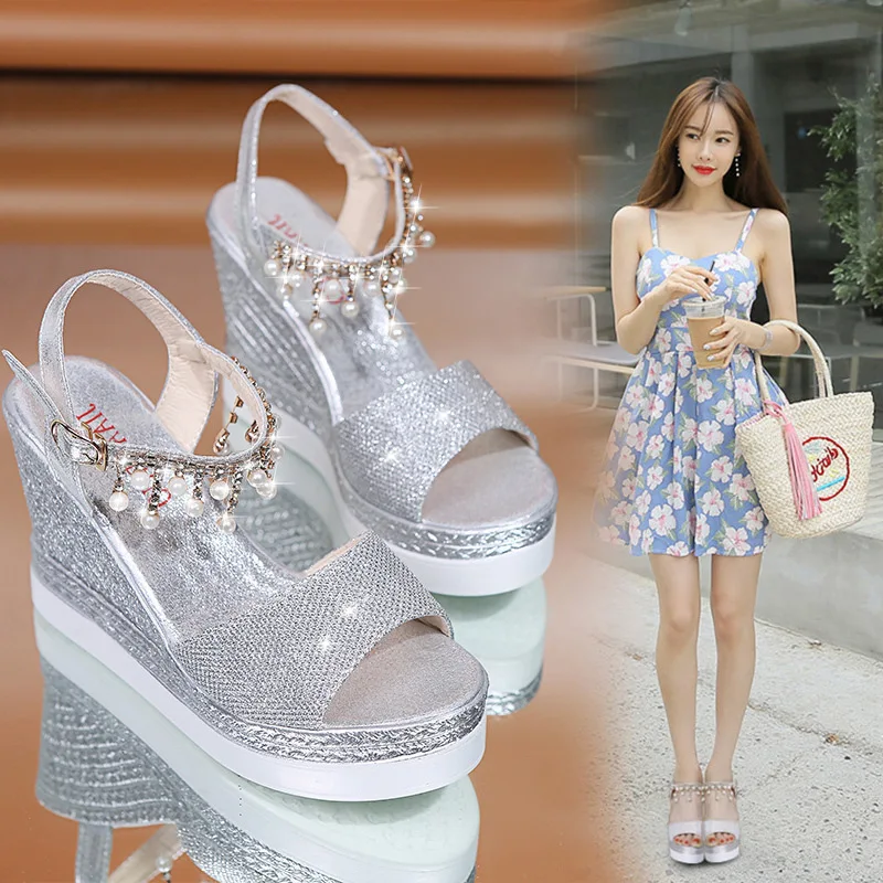 Girls Sandals 2022 Summer New Women\'s Pumps Fashion Pearl Rhinestone Platform Wedge Casual Female Sandals 10cm Ladies High Heels