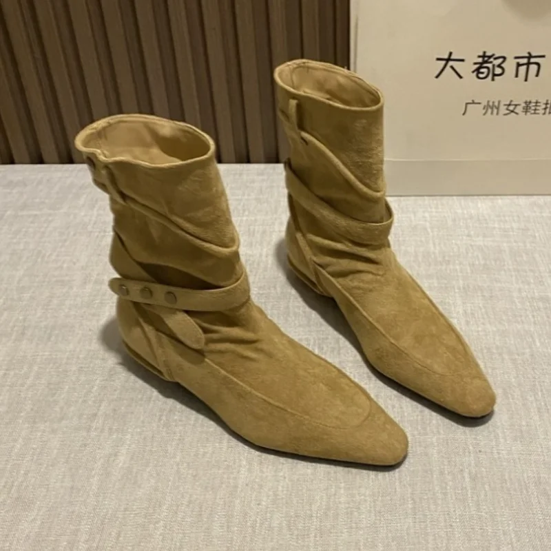 Women Flats Pointed Toe Ankle Boots 2025 Winter Fashion Shoes Elegant Suede Chelsea Short Boots New Trends Zapatillas De Mujer