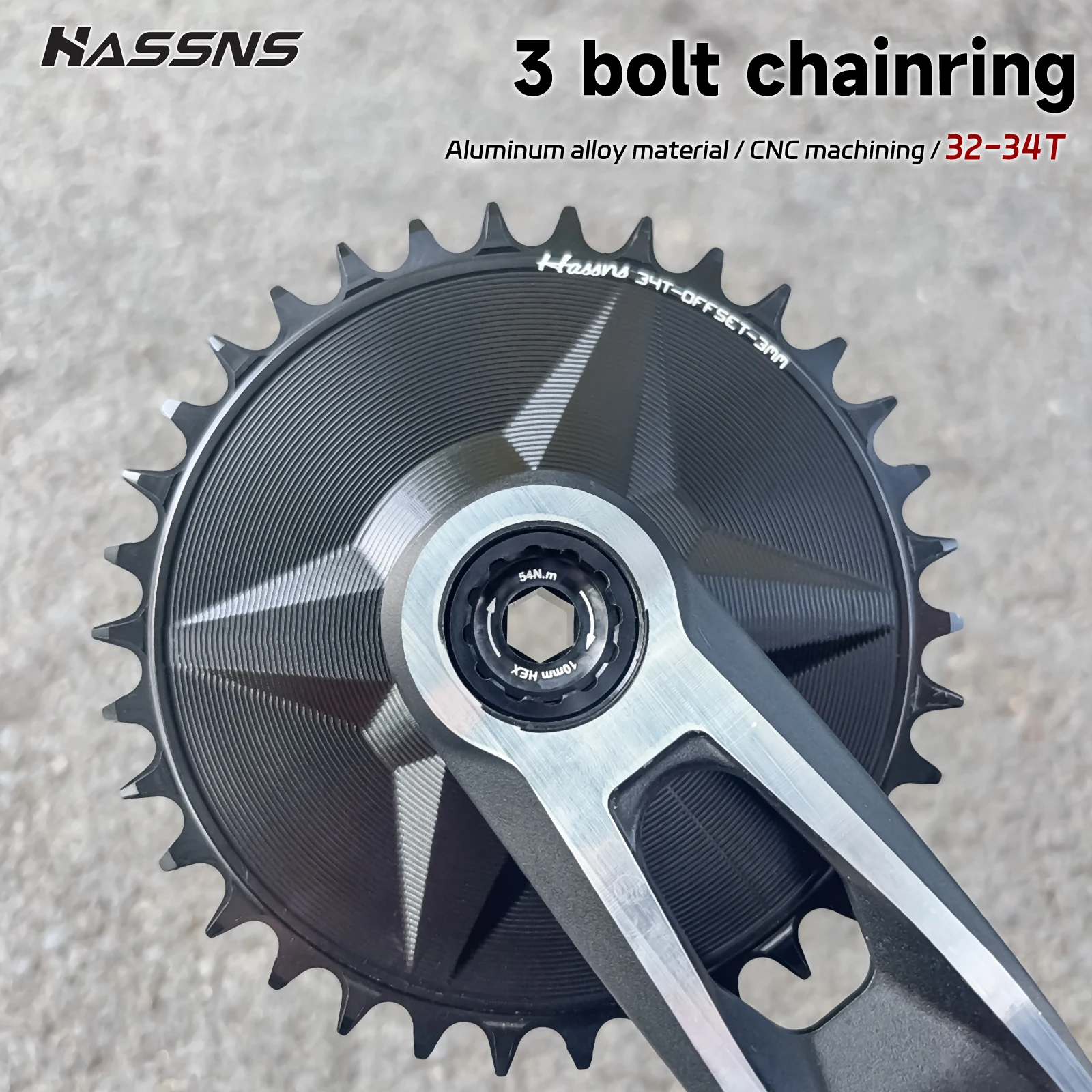 

HASSNS 3mm Offset MTB Bike Chainring 32/34T Bike Narrow Wide Direct Mount Chainring 3Nail Chainwheel Fully-Enclosed For SRAM DM