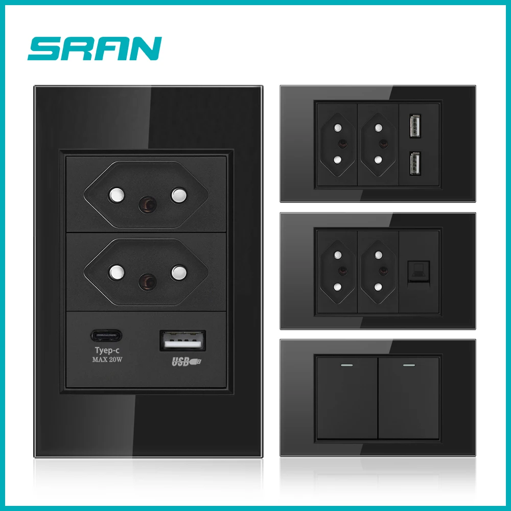 Brazil Standard  Socket with USB Type c Charging Port 20W output, 118*72 Tempered Glass Panel 10A 20A Black Outlet