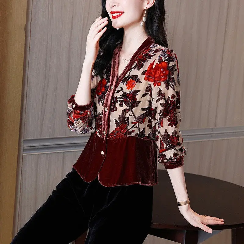 Vintage Sping Autumn Women\'s Clothing Printing V-Neck Patchwork Single Breasted Fashion Versatile Loose Long Sleeve Shirts Tops