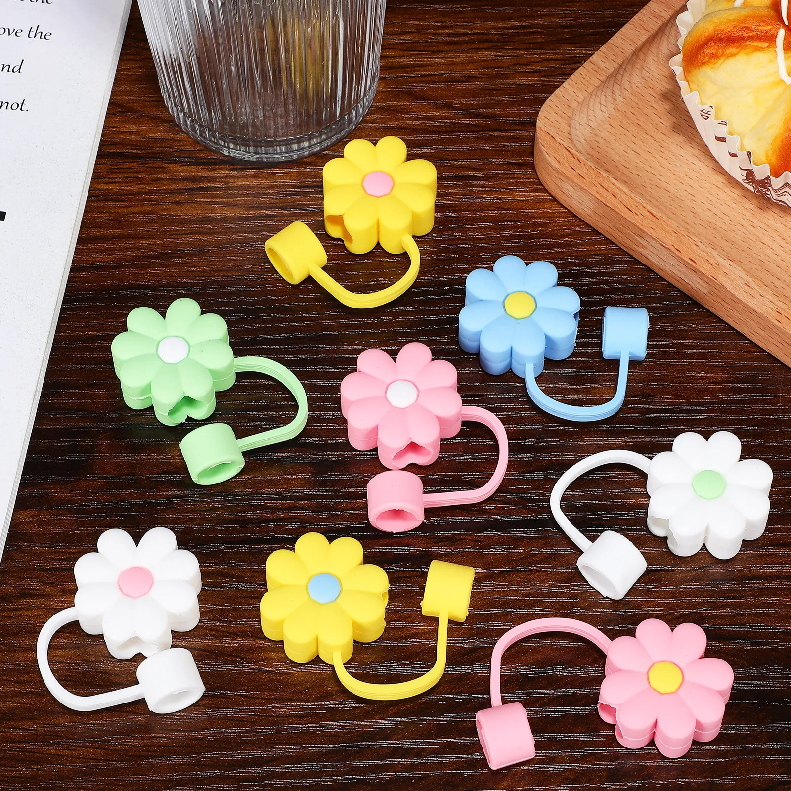 8 Pcs Flower Straw Cover Silicone Replacement Tips Drinking Cap Covers Caps for Straws Cute Topper