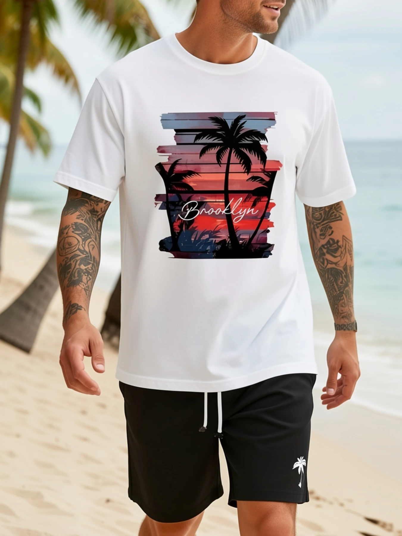 Seaside Sunset Coconut Tree Printed Women's T-shirt Fun Cartoon Round Neck Short Sleeve Summer Personalized Women's Top