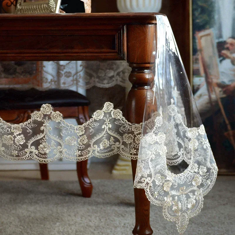 PVC Lace Edge Tablecloth Oil-Proof Transparent Table Mat Easy-Clean European Tea Table Cover  Soft Embroidered Glass Protector