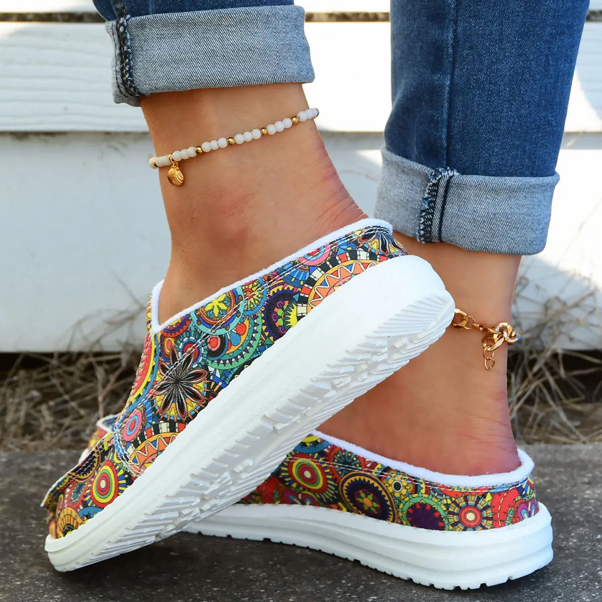 Women Bohemian Mandala Floral Printed Backless Mule Sneakers Fuzzy Lining Flat Casual Shoes Ladies Lightweight Soft‑Sole Slip‑on Lazy Walking Fashion Winter Female Footwear