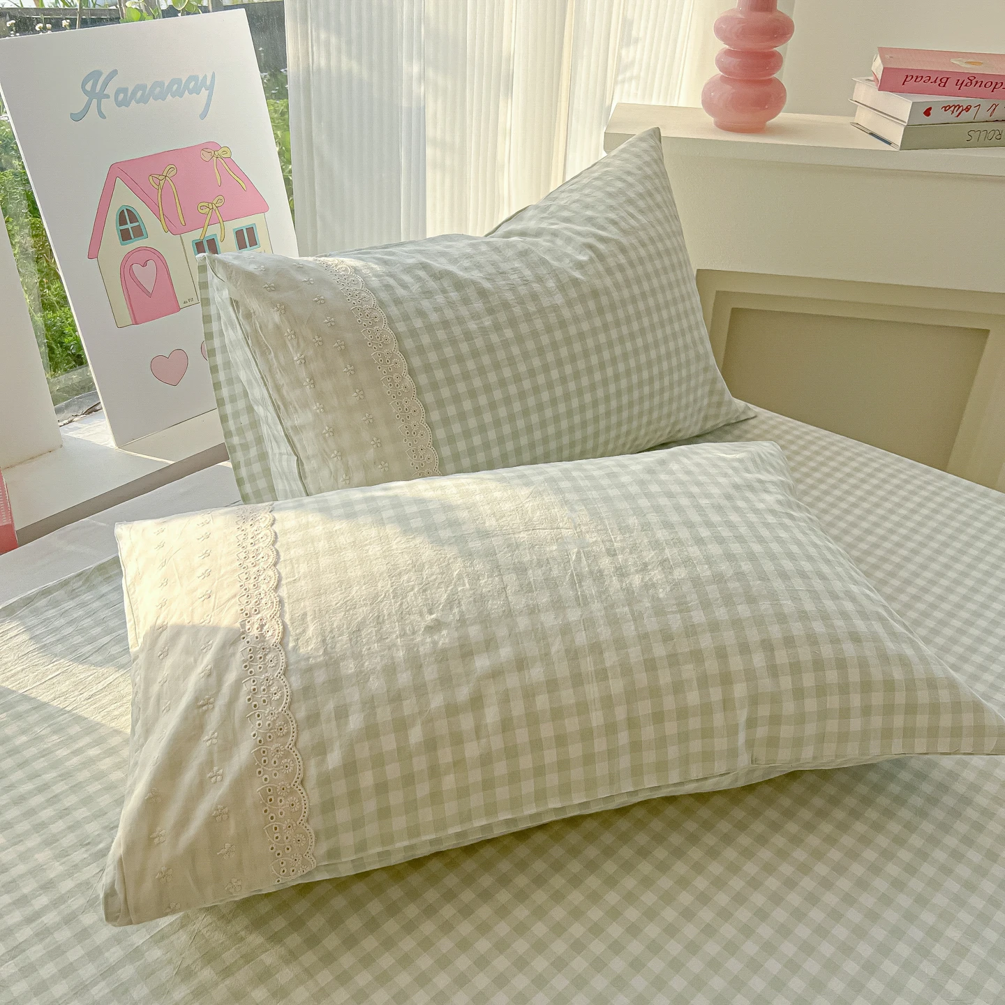 2 Stück Koreanischer Prinzessinnen-Stil Kissenbezug Große Spitze Rüschen Mädchen Schlafzimmer Dekorativer Weicher Hautfreundlicher Karierter Kissenbezug – Detail 5