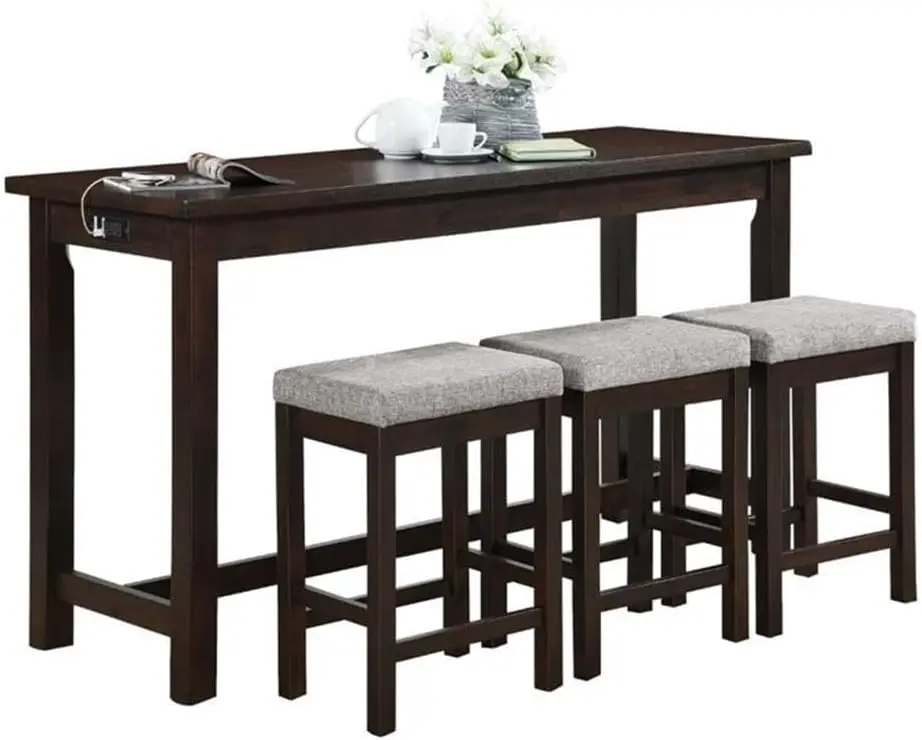 4-Piece Counter Height Table With 3 Stools, Wood Kitchen Counter Table Set With 2 Built-in USB Ports, 2 Charging A/C Power