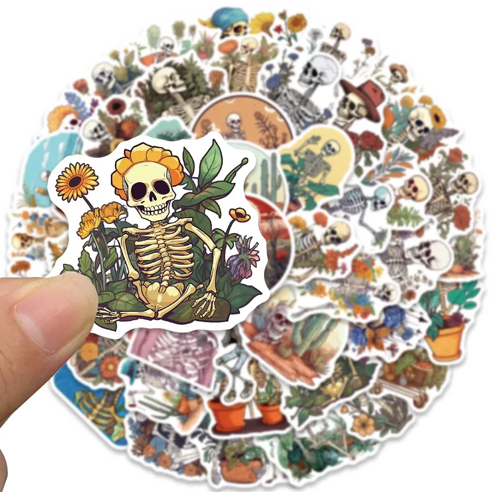 50pcs Cool Retro Cartoon Flower and Skeleton Aesthetic Stickers Waterproof Graffiti For Luggage Laptop Phone Guitar Decals