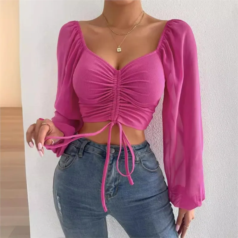 2024 Casual T Shirt For Women Solid Color Shirts & Blouses Chiffon Drawstring Balloon Long Sleeve Tight Fashion Sexy Y2k Tops