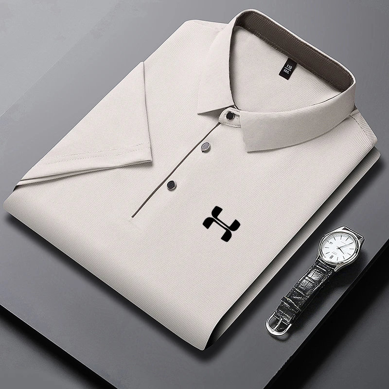 Men's Solid Color Short Sleeve Polo Shirt Business Casual Breathable Comfortable Fashionable Versatile Business Top with Badge