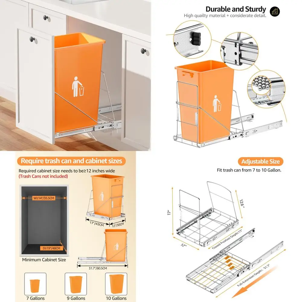 

Kitchen Cabinet Pull-Out Trash Bin, 7-13 Gallon Under Sink Waste Bin, Door Mounting Kit Included