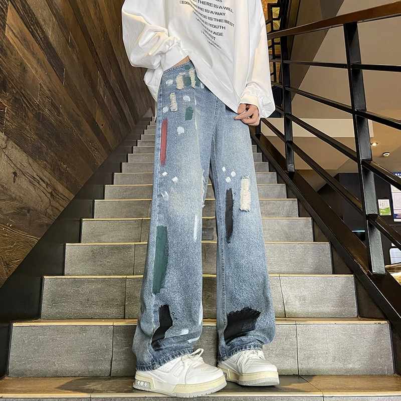 

Men Trendy Vintage Graffiti Contrast Jeans Straight Street Denim Trousers Loose Fashion Wide Leg Floor Mopping Male Pants