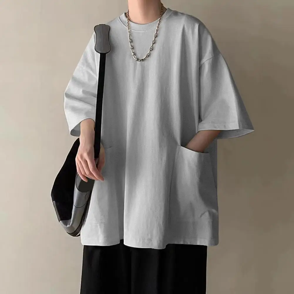 Youthful Men T-shirt Japanese Style Oversize Short Sleeve T-shirt Loose Solid Color Pockets Half Sleeves Male Tees Streetwear