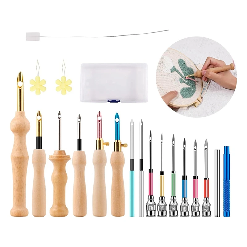 19 Piece Punch Needle Embroidery Kits Embroidery Pen Big Eye Needles Wooden Handle