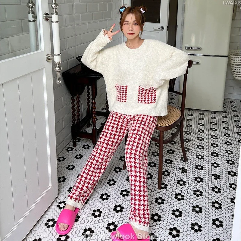 Pajamas Women's Autumn and Winter Soft Thickened Warm Long-Sleeved Sweet Plaid Pocket Age-Reducing Home Clothes for Outer Wear