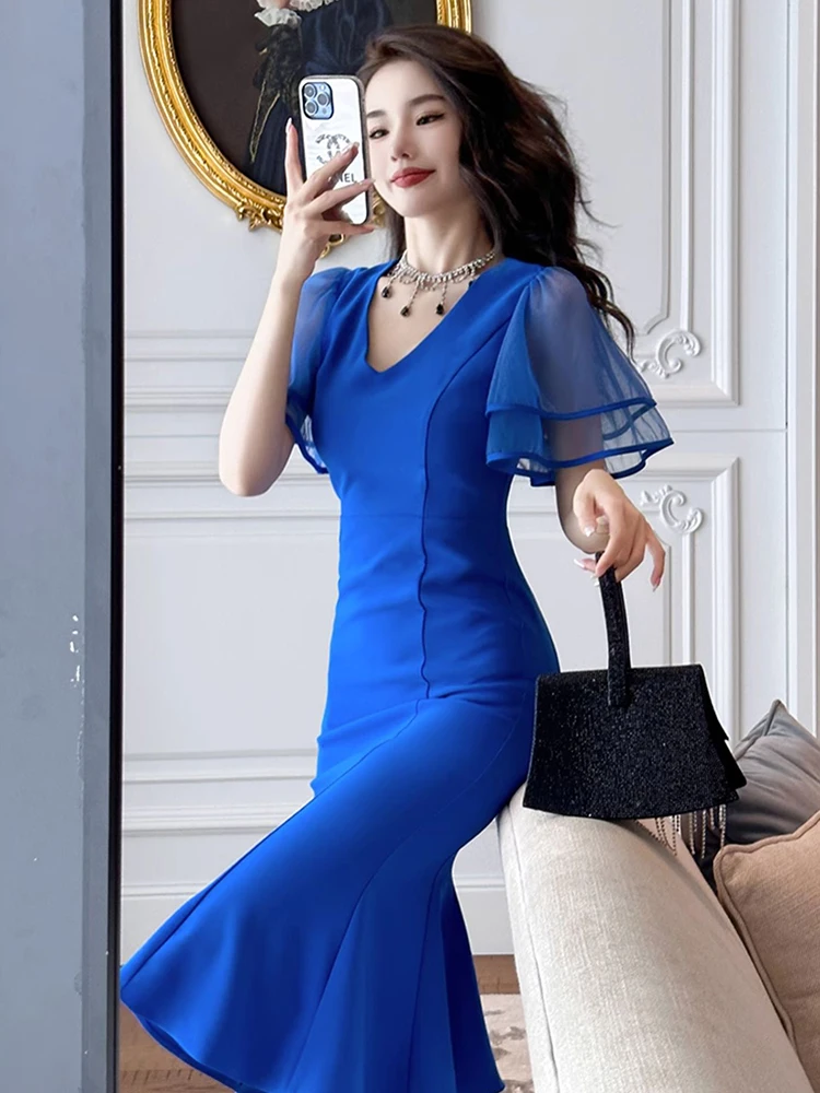 2023 French Style Elegant Women's Maxi Dress Blue Sheer Mesh Flare Sleeves Wrap Hip Fishtail Robe Female Party Prom Club Vestido