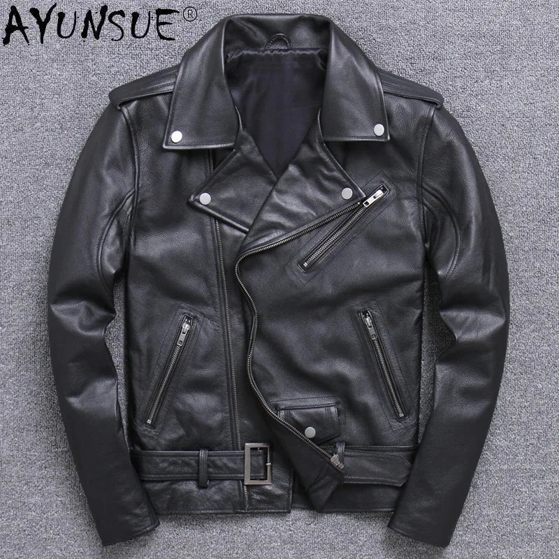 

AYUNSUE New Men's Leather Jackets Autumn Mens Cowhide Coat Short Motorcycle Style Man Jacket Jaqueta Masculina SQQ333