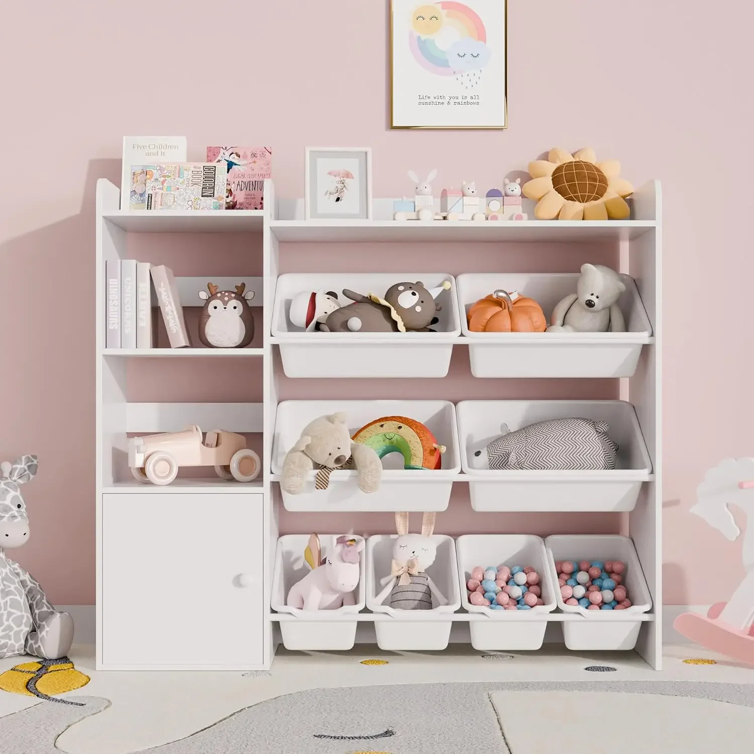 Organizador de armazenamento de brinquedos infantis, organizadores de brinquedos de 4 camadas com 8 caixas de armazenamento removíveis, estante infantil e armazenamento de brinquedos para estudo