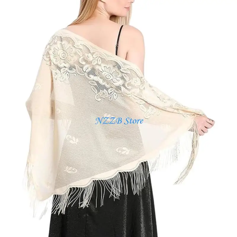 

T21F Woman Mantilla Lace Shawl Wedding Church Tulle Scarf Soft Sheer Wrap Wedding Mantilla Shawl Lace Shrug