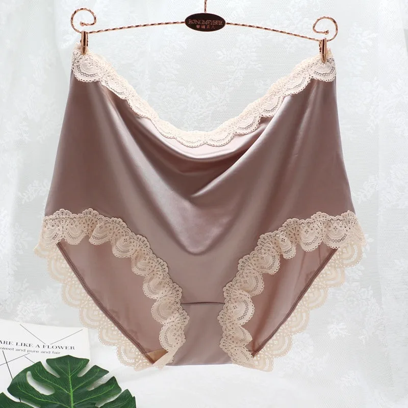 

High-waisted and Plus-size Ice Silk Underwear, 200-pound Sexy Lace-trimmed High-end Body-hugging Briefs for Women Comfort