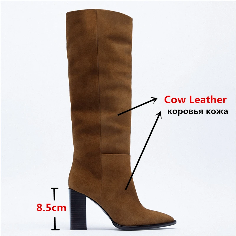 MORAZORA ZA HOT 2022 Nubuck Cow Leather Knee High Boots Women High Heels Women\'s Suede Autumn Winter Boots Brown Ladies Shoes