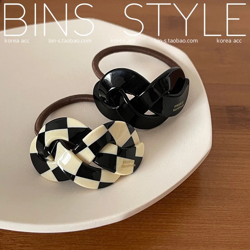 Hair Ties for Girls Women Ponyhair Hair Accessories Acetate and Rubber Black and White Plaid