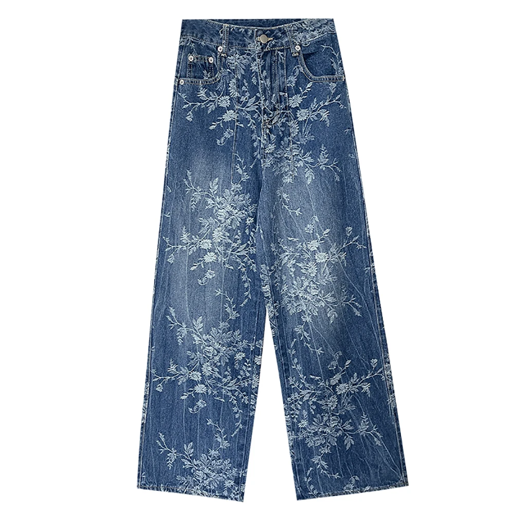 

Korean Designed Delicate Floral Denim Pants Spring Summer Wide Leg Straight High Waist Jeans Casual All-Match Long Trousers