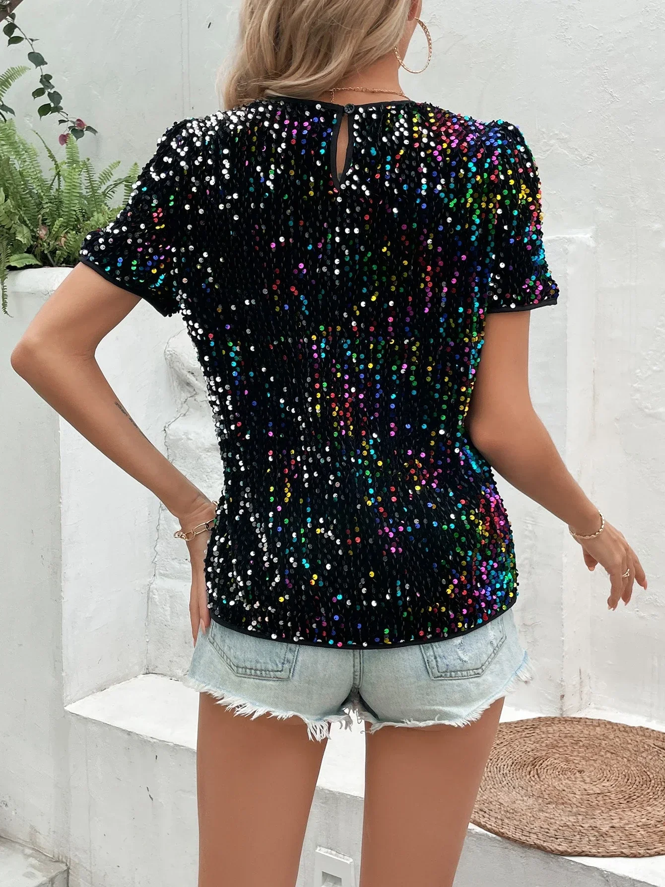 

Sequin Puff Sleeve Blouse For Women Party Top