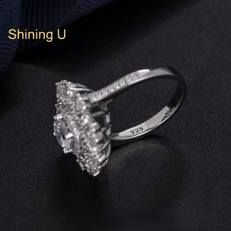 Shining U S925 Silver Heart and Round Ring for Women Fine Jewelry Engagement Wedding