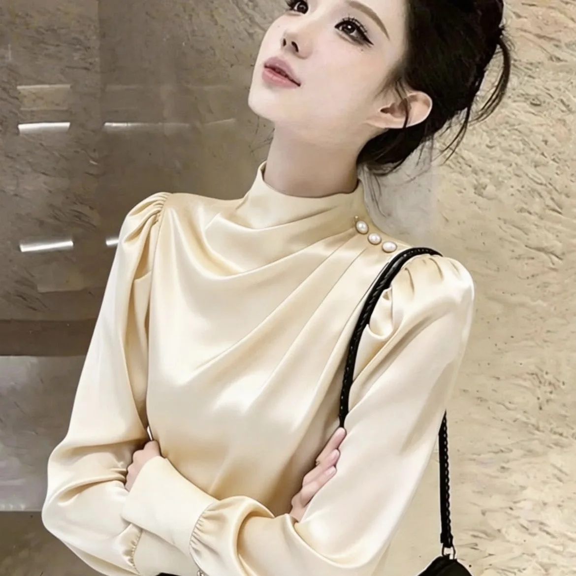 

Elegant Blue Silk Shirt Women's Slim Fit Long Sleeve Commute Style Warm Non-Shrinking Breathable Soft Looking Younger