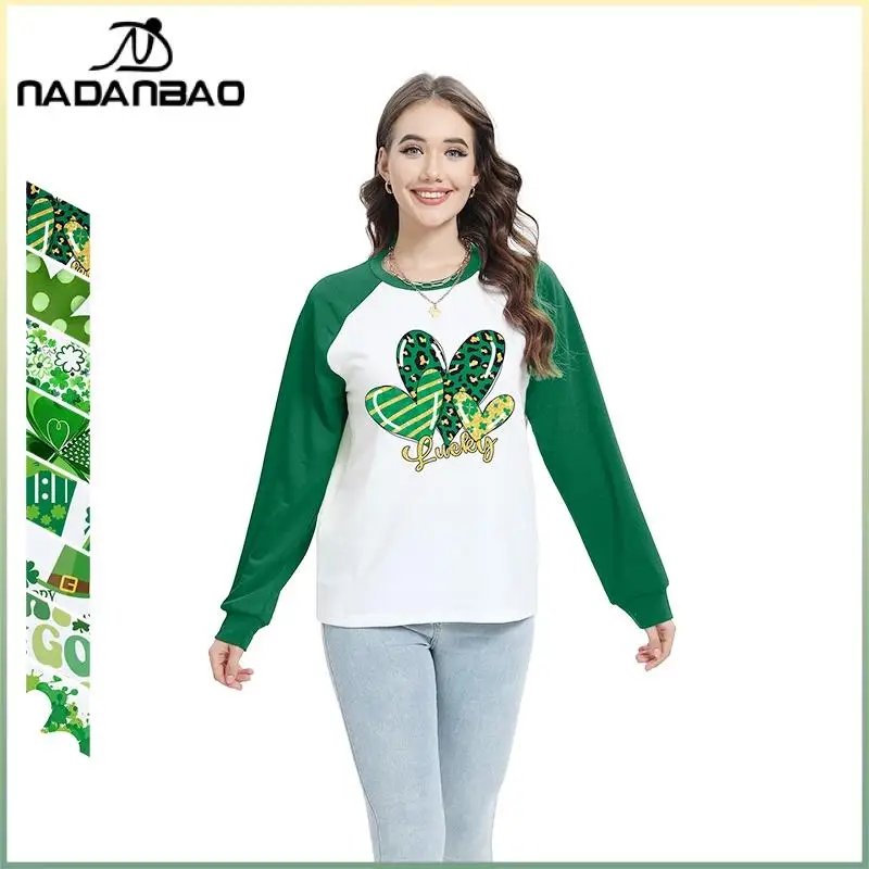 

St'patrick's Hoodies Long Sleeved T-Shirt Women's Pure Cotton 2024 New Raglan Loose Top Clothes Spring and Autumn Bottom Shirt