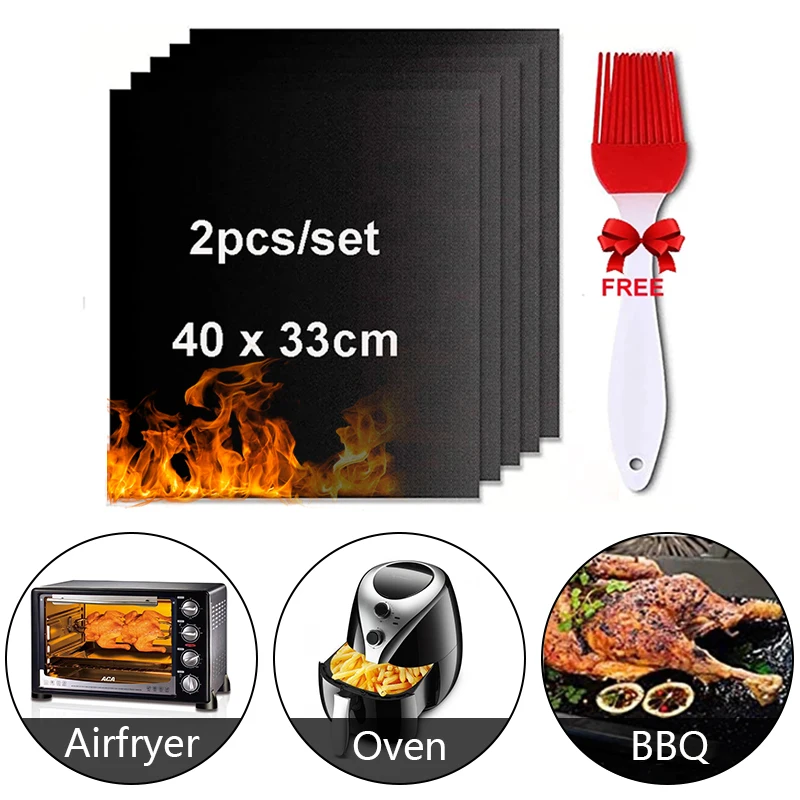 1-2pcs Reusable BBQ Grill Mat With Oil Brush Outdoor Kitchen BBQ Accessories Silicone  Barbecue Mat For Air Fryer Oven Baking Di