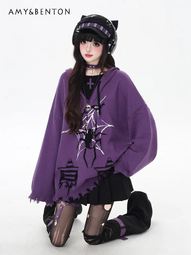 

Dark Girl Original Subculture Fake Two-Piece Cartoon Embroidery Loose Hooded Sweater Autumn Winter Gothic Y2K Oversized Pullover