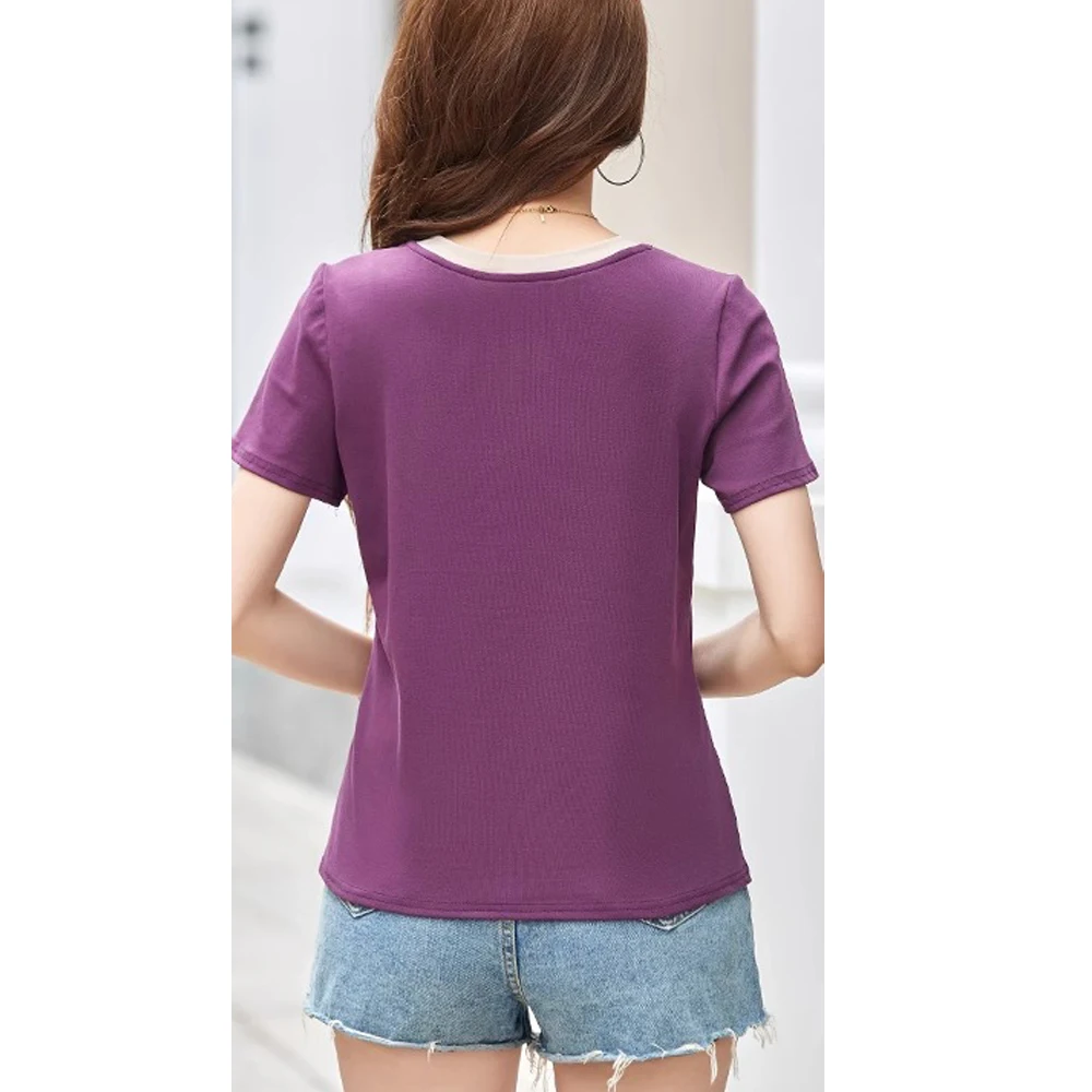Korean version orange pure cotton short sleeved T-shirt for women's summer new high-end fashion plus size V-neck loose casual to