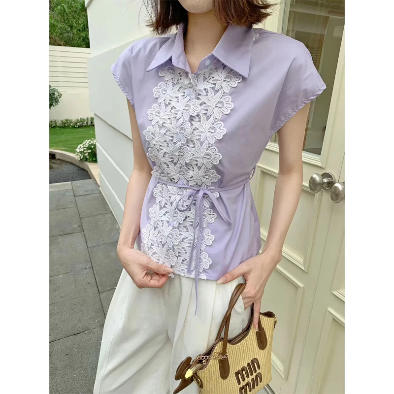 

Slimming Effect Korean Style Lace Embroidery Shirt Women's Sleeveless Top with Waist-Cinching Detail Floral Patchwork
